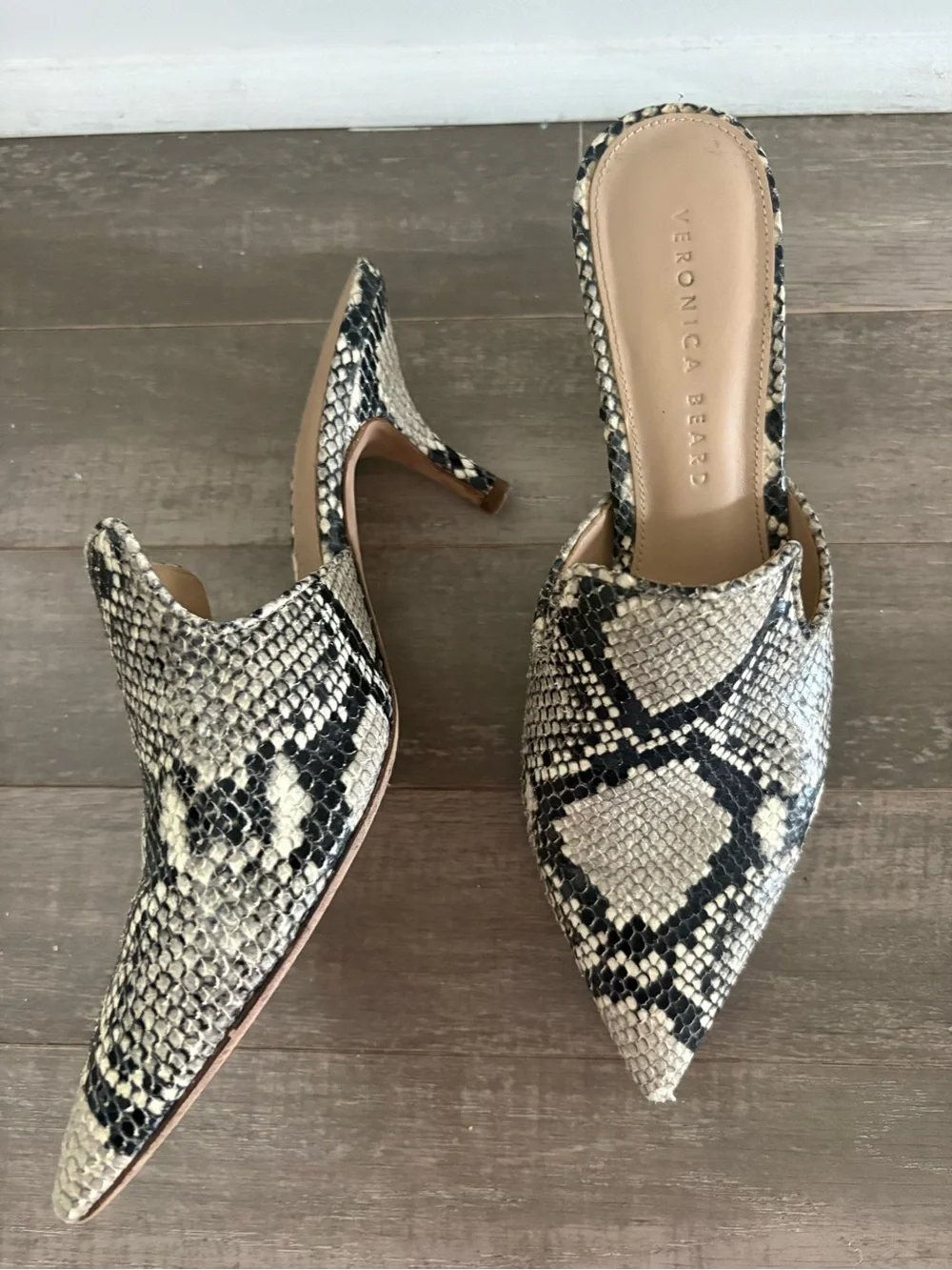 Veronica Beard Snakeskin Print Leather Pointed Toe Mule Heels 7.5M